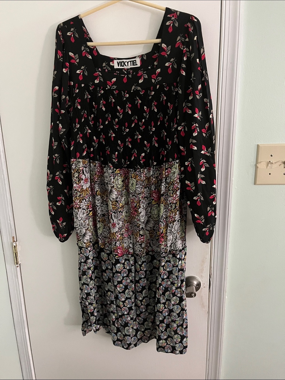VickyTiel Black & Pink Mixed Floral Maxi Dress